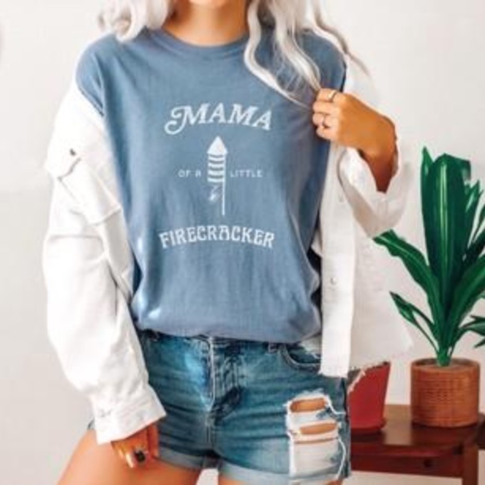 Mama Of A Little Firecracker Blue Denim Vtg Tee